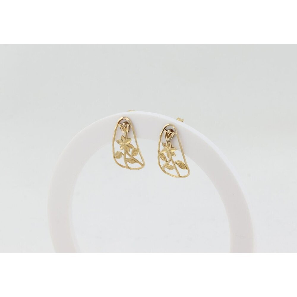 14k Yellow Gold Flower Floral Design Earrings Stud Post 3/4" x 1/2" - Picture 7 of 10